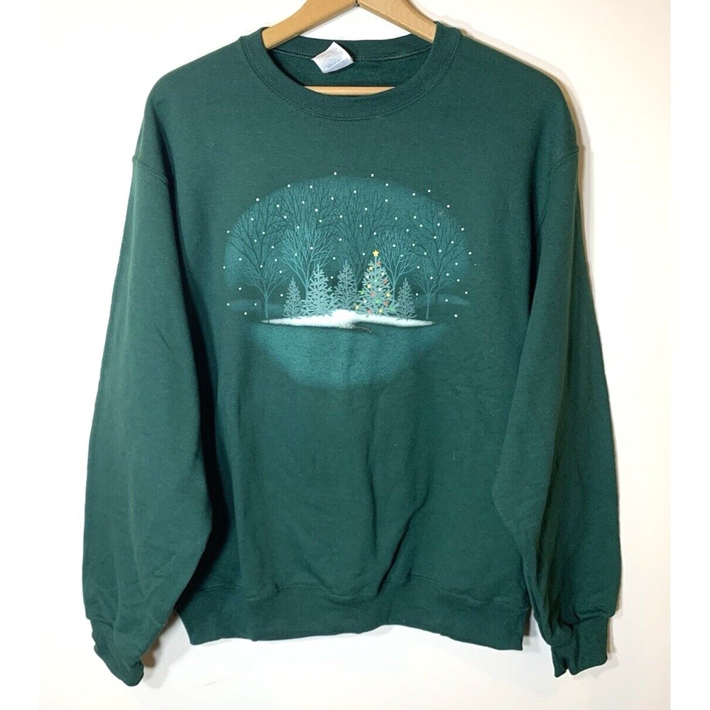 Jerzees Christmas Sweatshirt Womens M‎ Green Holiday Tree Cotton Blend VNTG 90s